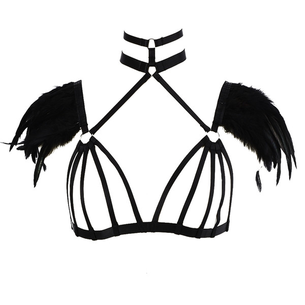 Womens Body Harness Sexy Feathers Cage Harness Bra Elastic Lingerie Rave Wear Goth Harajuku Body Harness Bondage Lingerie Cage Bra