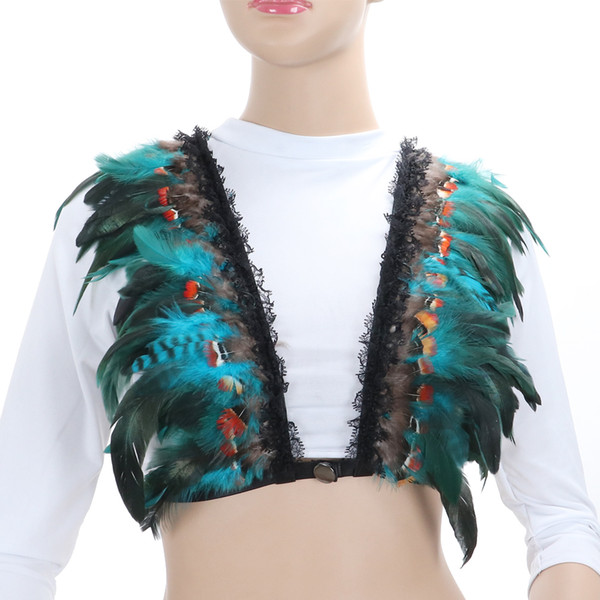 Women Sexy Feather Epaulettes Shoulders Wing Crop Tops Body Harness Lingerie Festival Dance Body Cage Feather Harness