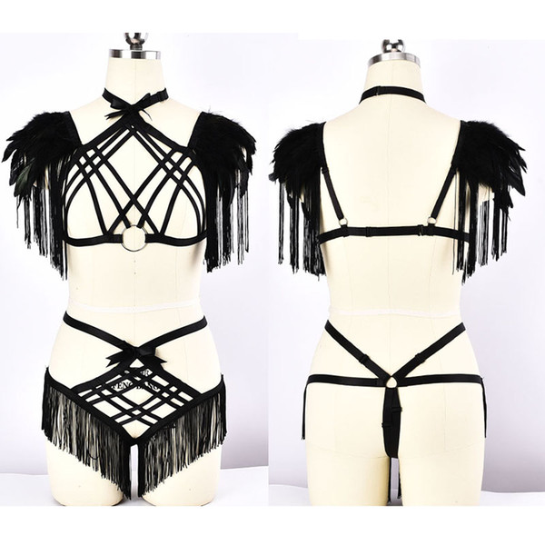 HJZLSSYS Black whole Body Harness Set Bra Bdsm Bondage Lingerie Elastic Adjust Harness Punk Goth Fetish Halloween Exotic Full dance dress