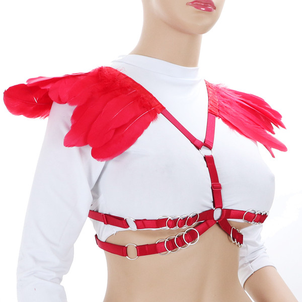 Europe and America Fetish Splay Cosplay Red Sexy Body Harness for Women Feather Epaulettes Lingerie Cage Bra Bondage Tops Goth Angel Wings P