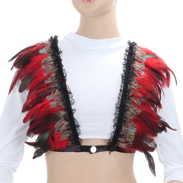 body cage 2018 New Women Black Wild animal feather temptation Huntress costume body harness cage bra evening/wedding dress belt