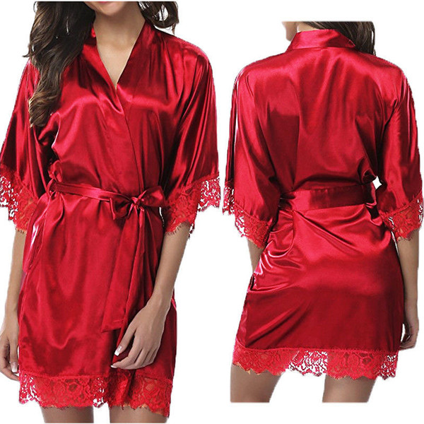 Fashion Women Sexy Silk Deep V Bathrobe Robe Lingerie Sleepwear Nightwear Dress Sexy Nighty Lingerie Gown