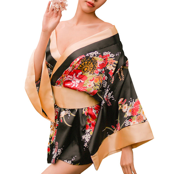 Women's Traditional Japanese Kimono Style Robe Yukata Costumes Pajamas Womens Floral Kimono Costumes Role Play Lingerie with G-String