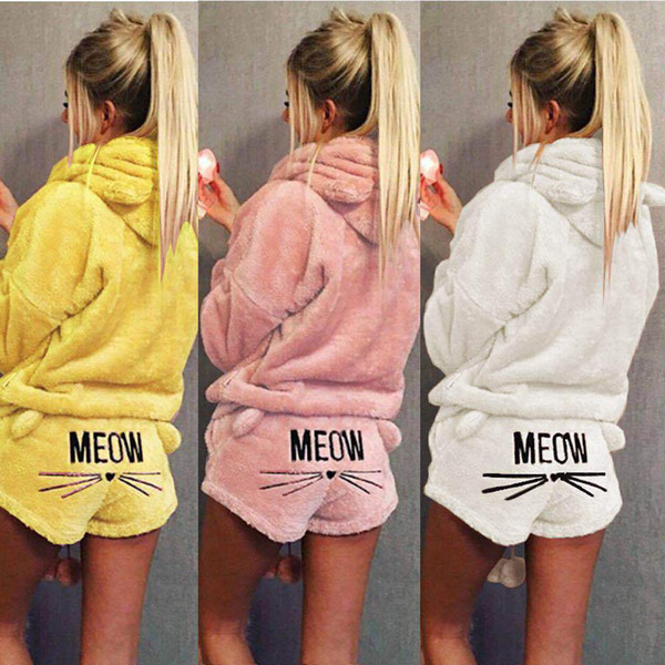 Women Sleepwear MEOW Cat Print Pullover Hooded Long Sleeve Tops Shorts Pajama Sets Sleep Tops Bottoms Women Underwear Nightwear Sets