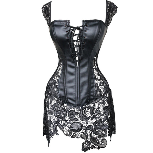 Sexy Steampunk black leather corset dress womens black Lingerie Gothic lace corset dresses bustier short dress for ladies plus size S-5XL