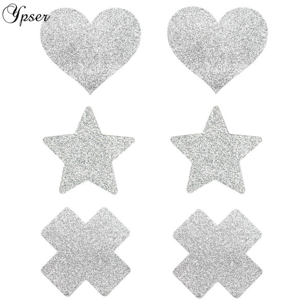 Ypser 3 Pairs Mixed Silver Nipple Cover Breast Petals Milk Paste Disposable Adhesive Stain Fashion Pasties Heart Star Cross