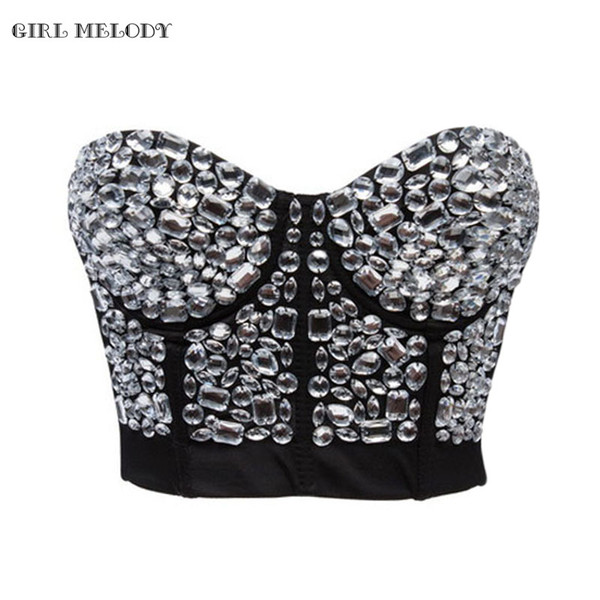 Sexy Beaded Gaga Bustier Crop Top Pearls Push Up Bralette For Night Club Bustier Top Corset And Women's Jewel Bra Tank Vest