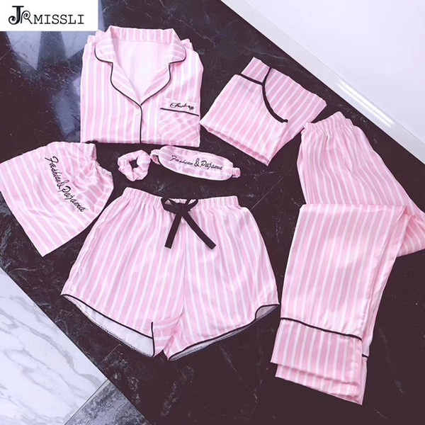 Jrmissli Pyjamas Women 7 Pieces Pink Pajamas Sets Satin Silk Lingerie Homewear Sleepwear Pyjamas Set Pijamas For Woman Q190420