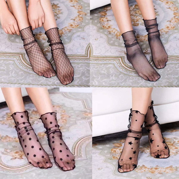 Women Sexy Breathable Silk Socks Soft Heap Elasticity Black Fishnet Lace Flower Mesh Ankle Elastic Hosiery Sock