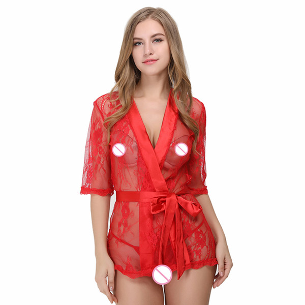 Women Robe Satin Lace Sleepwear Sexy Lingerie See Through Nighty Short Sleelve Sleepwear Bedroom Wear With Matching G-string