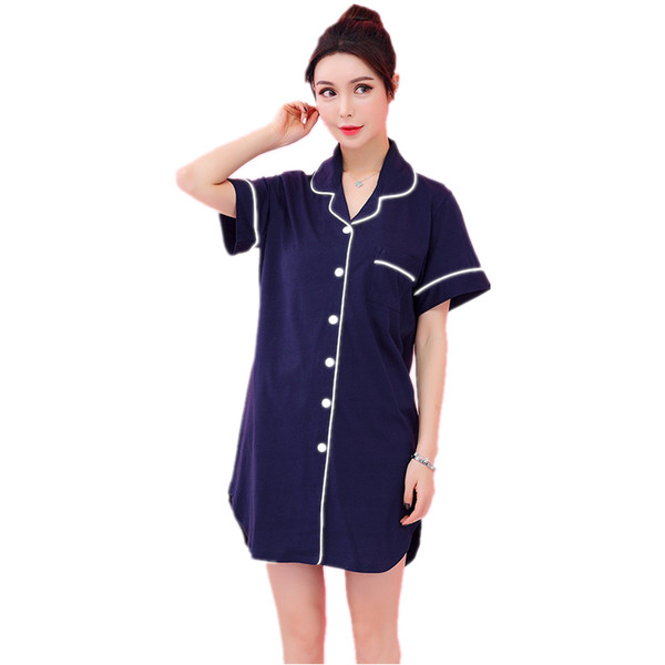 Women Nightgowns Summer Sleepwear Turndown Collar Night Dresses Plus size Short Sleeve Solid Color Nightdress Home Clothes