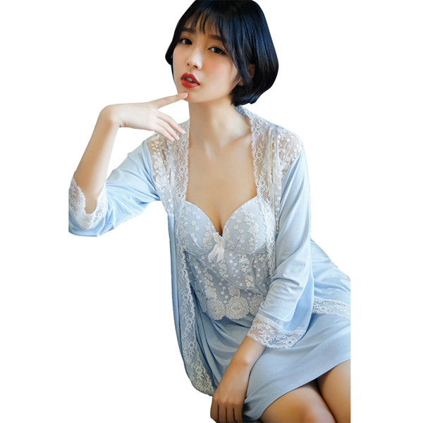 NUO Women's Lace Hollow out Temptation Robe Set Sexy Sleepwear (bathrobe + straps nightgown)Two Piece Robe Femme NR0010F