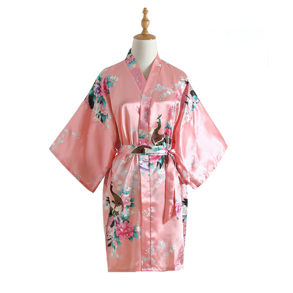 Charming Lady Home Dressing Gown PINK Bride Bridesmaid Wedding Robe Rayon Sleepwear Kimono Bathrobe Floral&Peacock Nightgown