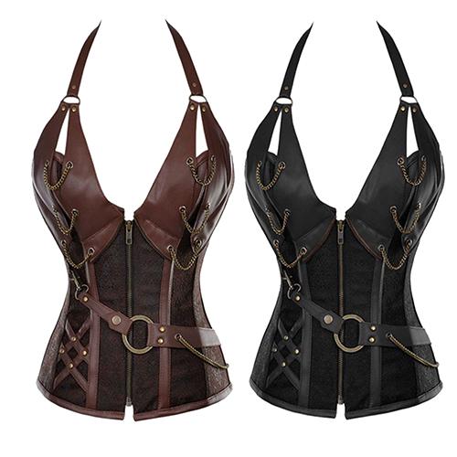 Women's Fashion Deep V Baroque Bone Halter Buckle Steampunk Belt Corset Tops