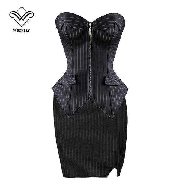 Corset Sexy Corsets and Bustiers Burlesque Black Stripe Corset with Skirt Zipper Lace Up Corsages Sexy Corselet Plus Size S-6XL