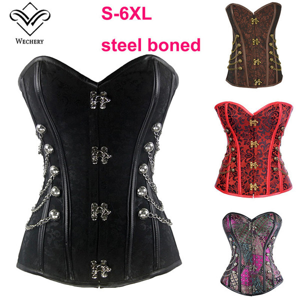 Steampunk Corset with Clasp Fasteners/ Chain Steel Bone Corset Waist Training Gothic Bustier with Round Buckle Body Shaper Plus Size