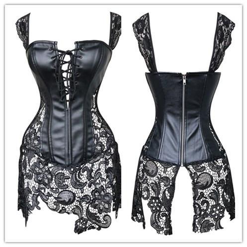 Sexy Women/Ladies Faux Leather Hollow Out Steampunk Lace-strap Zip Back Lace up Front Top Corset Bustier Overbust