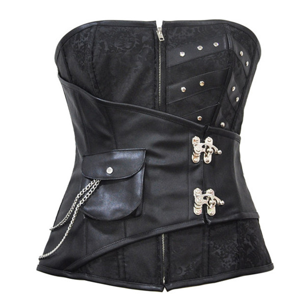 Steampunk Corset & Bustier Women Steel Boned Tops Overbust Black Brocade and Leather Patchwork Corset Shapewear Body Shapers