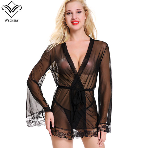 Women's Sexy Elegant Lingerie Mesh Lace Perspective Dress with Underwear Thong Transparent Charming Sling Slimming Pajamas with Belt