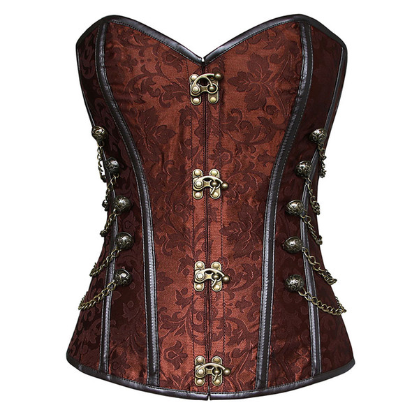 Women's Brocade Buckle Steampunk Gothic Punk Faux Leather Steel Boned Corset with Chain Plus Size Waist Training Corsets S-6XL