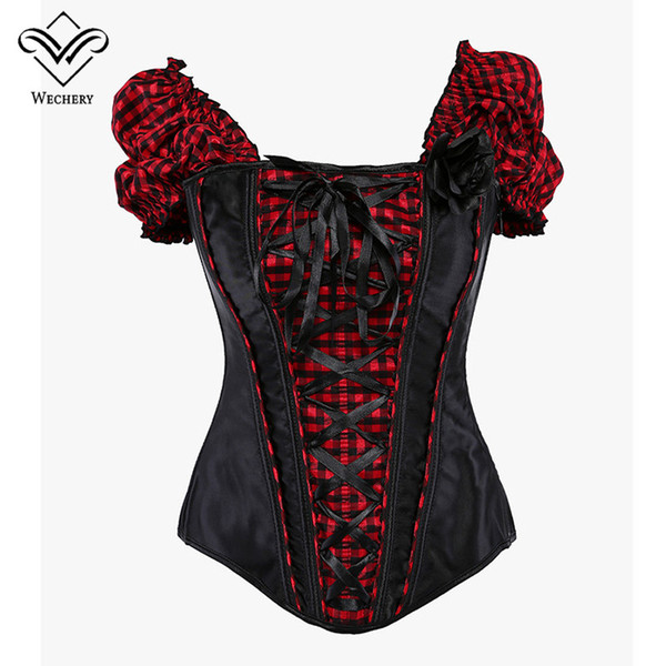 Wechery Black Corset Lace Corsets and Bustiers Steampunk Gothic Lolita Short Sleeve Corset Top Sexy Tops Corsage Basque Corselet