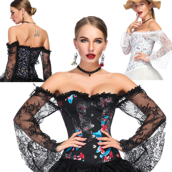 Corset & Bustier Women Fashion Retro Steampunk Corset Top Off Shoulder Top Lace Body Shaper ShapewearWomen Sexy Lace Sleeve Corset Top Black