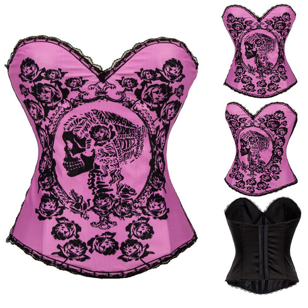 Women Corset Steampunk Bustier Gothic Corselet Sexy Goth Bone Pink Lace Skull Flower Pattern Costume Masquerade Party Corset Tops