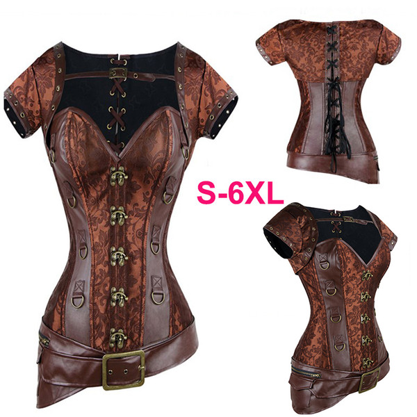 Corsets and Bustiers Slimming Steampunk Corset Gothic Brown Corsages Sexy Corzzet PU Leather Buckle Belly Slimming Sheath S-6XL