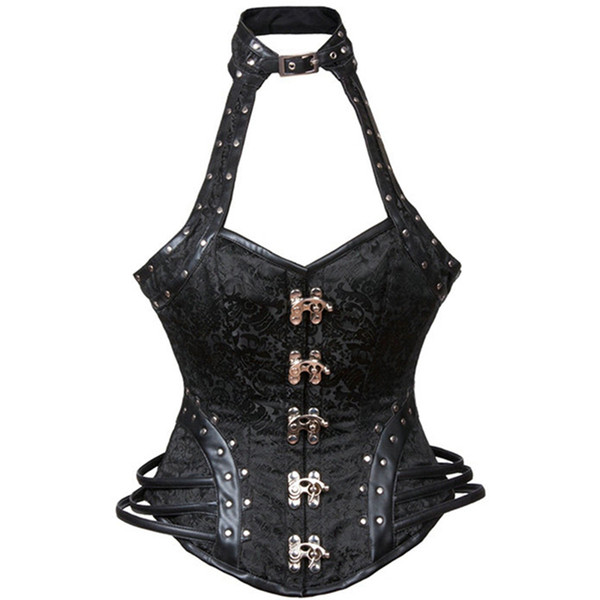 Corset Sexy Retro Steampunk Gothic Corselet Steampunk Halter Choker Women Bustier Corsets Rivet Black Party Shows Lace Up Goth Tops