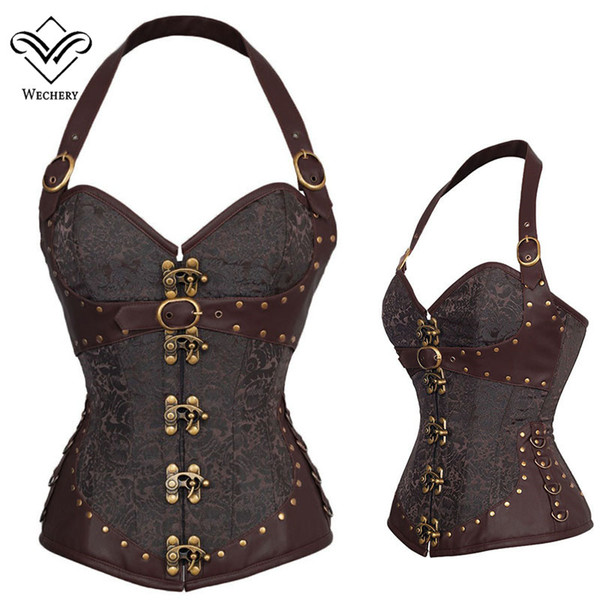 Brown Steampunk Corset Gothic Clothing Sexy PU leather Buckle Corsets And Bustiers Slimming Sheath Belly