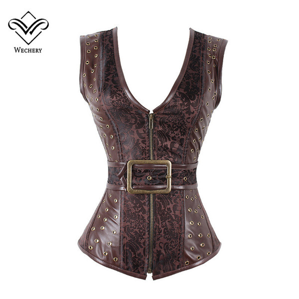 Brown Steampunk Corset Gothic Clothing Sexy Jacquard PU leather Steel Boned Zip Buckle Corsets And Bustiers