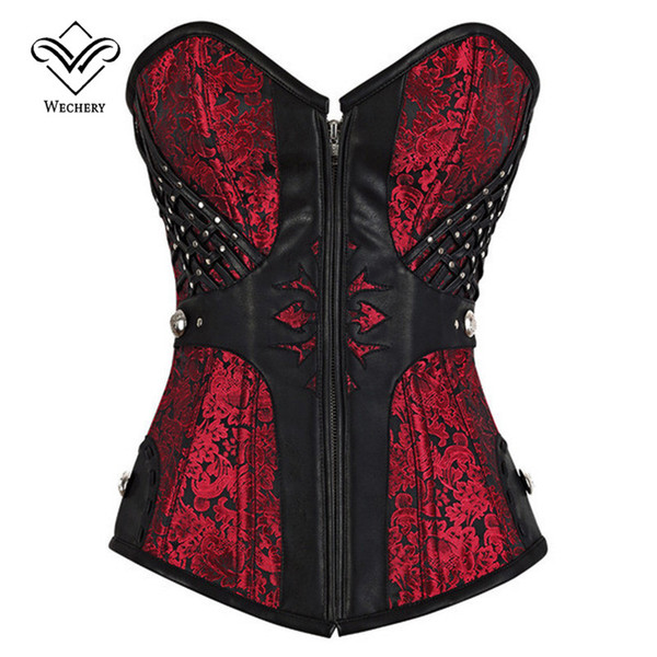 Wechery Women Sexy Vintage Steel Boned Corset Black&Red Stripe Bustier Steampunk Gothic Corsets for Waist Halloween overbust