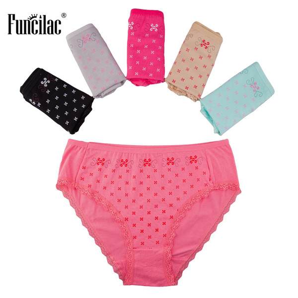 FUNCILAC Woman Briefs Print Cotton Comfortable Breathable Underwear Plus Size Fashion Sexy Panties 2XL 3XL 4XL 5 Pcs/Lot