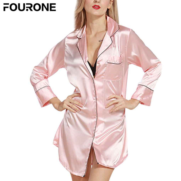 Women Sexy Satin Silk Sleepshirts Bath Robe Sleepwear Women Girl Long Sleeve Button Nightgowns Pajama Sleeptop