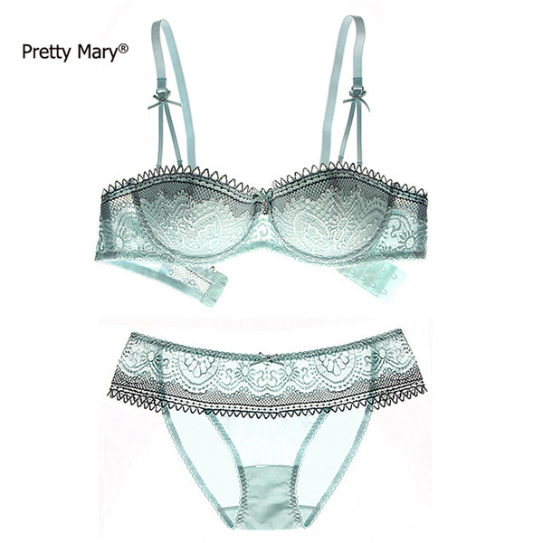 Pretty Mary Women1/2 Cup Push Up Bra and Panties Sets Sexy Lace-trim Plunge Bra Plus Size Underwear Sexy Lingerie