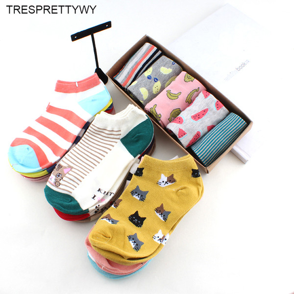 TRESPRETTYWY 5Pair/Lot 2017 High Quality Cute Cat Striped Women Socks Creative Casual Cotton Funny Animals Socks for Female