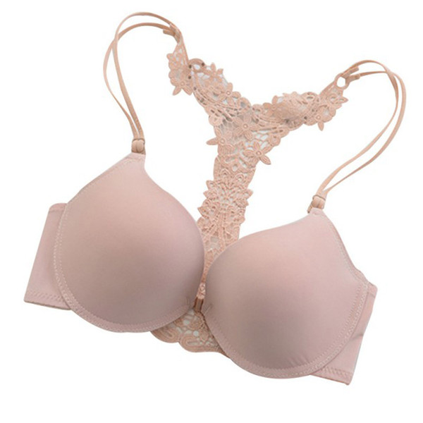 Womens Sexy Front Closure Lace Racer Back Push Up Seamless Bras Racer back Bra Thin Padded Fine Shoulder Strap Solid Intimates