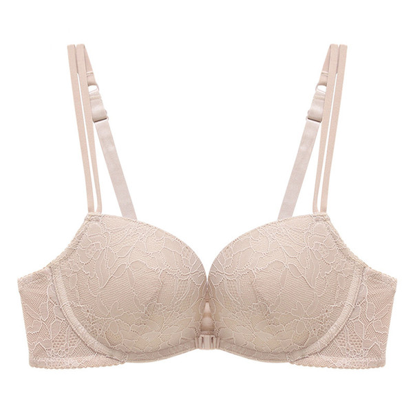 Sexy Front Closure Bra 5/8 Cup Flower Lace Underwear One-Piece Underwear Comfortable Wire Free Thick Bra Adjusted-Straps Push Up