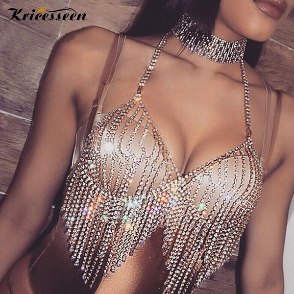 Kricesseen Sexy Womens Crystal Tessal Bralette Top Bling Bling Haler Neck Rhinestone Metal Diamond-Studded Bra Club Dance Bra