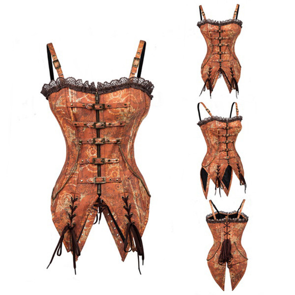 Abbille Sexy Women's Steel Boned Overbust Corset Steampunk Lace Waist Cincher Corset Zip Metal Chain Body Shaper Corselet Brown