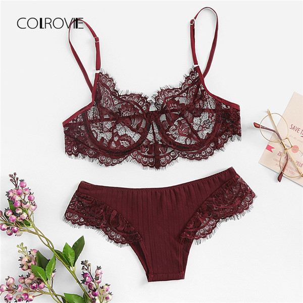 COLROVIE Burgundy Solid Eyelash Sexy Floral Lace Lingerie Set 2018 Women Bra & Brief Sets Wireless Sexy Underwear Bra Set