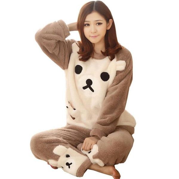 Women Pajamas Sets Coral Velvet Suit Flannel Cartoon Bear Animal Pants Autumn and Winter Thick Warm Long Sleeve Female Sleepwear