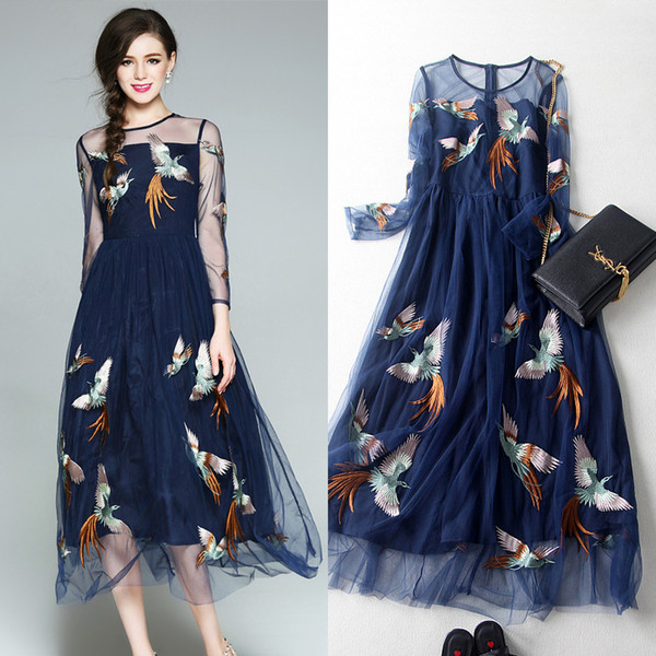 Runway Dress 2017 Dark Blue Long Sleeves Sheer Mesh Birds Embroidery Women Dress Bohemian Holiday Beach Dress M061765