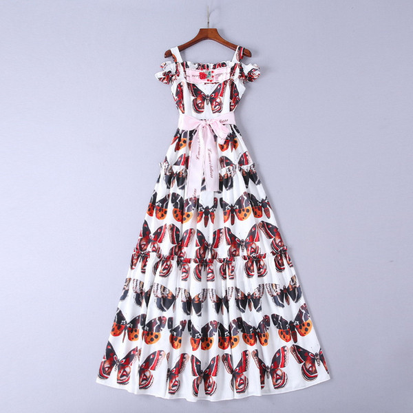 White Spaghetti Straps butterfly print appliques Slash neck Long Sleeves High Quality Runway Dress Women's dress 8122