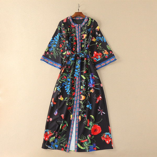 Mifairy Runway Dresses Summer Flowers Print Sashes Crew Neck Long Sleeves High Quality Women's Dress Vestidos De Festa 062624