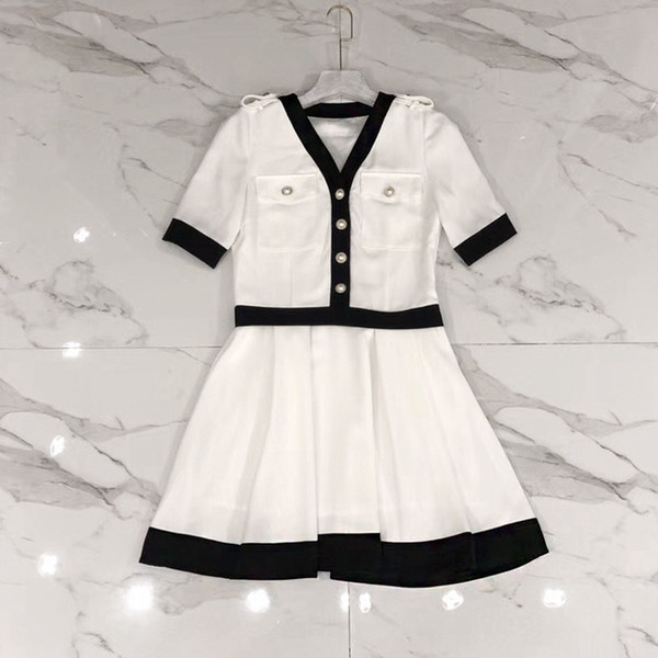 Black White Patchwork V Collar Short Sleeves Mini Women Dress High End Button 100% Silk Vestidos De Festa DH04