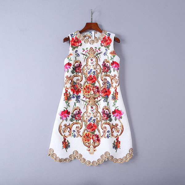 Autumn White/Black Sleeveless Jacquard Short Women's Dress Flowers Print Beads Sequins A Line Short Women's Dress DH082001