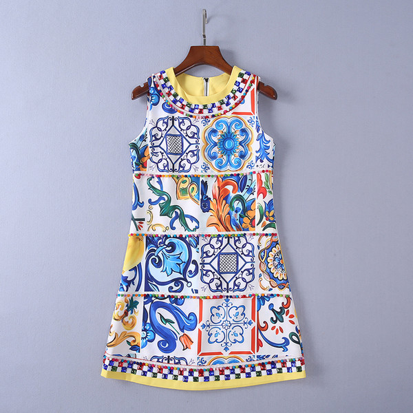 2018 Blue Sleeveless Jacquard Short Women's Jumpers Ceramic Print Beads Sequins A Line Short Women's Dress D51