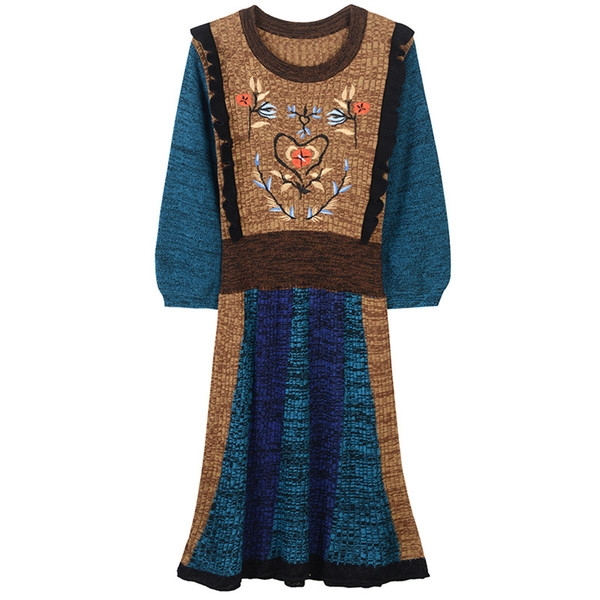 2018 Blue Coffee Patchwork Embroidery Knitting Women Dress High End 3/4 Long Puff Sleeves Milan Runway Dress m0084