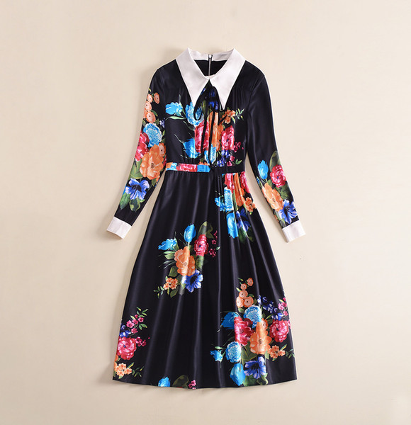 2018 Spring Runway Dress Floral Print Slim Turn down Collar Luxious Long Sleeves A line Women's dress Vestidos De Festa 121209